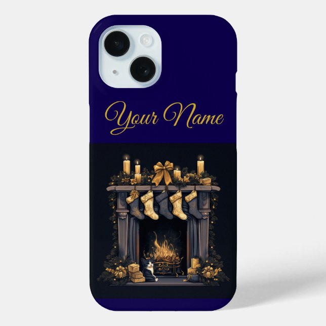 Vintage Navy Blue & Gold Christmas iPhone 15 Case (Back)