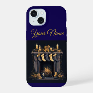 Vintage Navy Blue & Gold Christmas iPhone 15 Case
