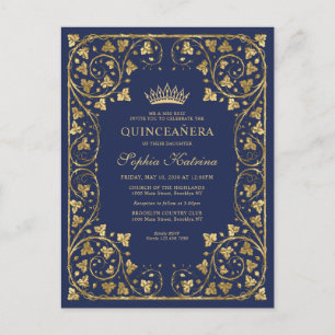 Vintage Navy Blue Gold Frame Tiara Quinceanera Invitation Postcard