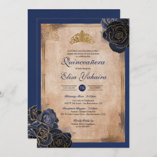 Vintage Navy Blue Gold Roses Royal Quinceanera Invitation