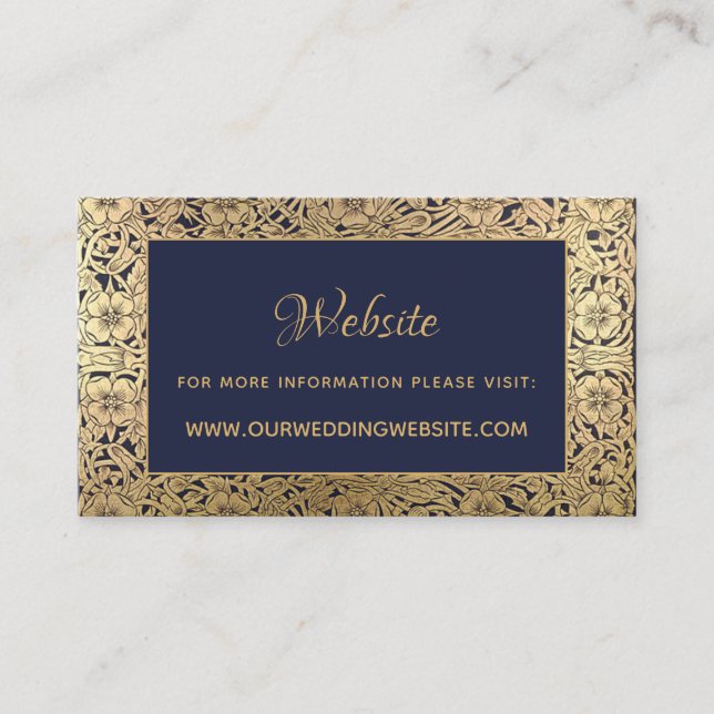 Vintage Navy Blue Gold Roses Wedding Website Card (Front)