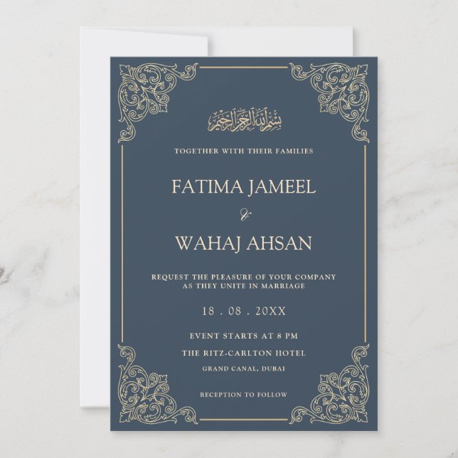 Vintage Navy Blue Gold Script Muslim Wedding Invitation (Front)
