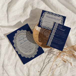 Vintage Navy Blue Lace Doily Old Money Wedding Invitation