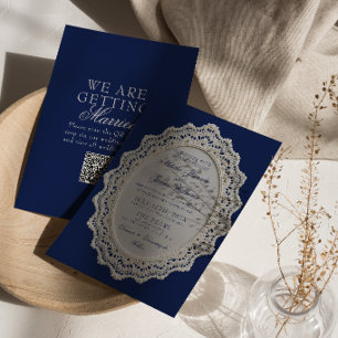Vintage Navy Blue Lace Doily QR Code Wedding Invitation