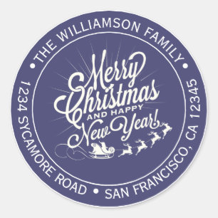 Vintage Navy Blue Merry Christmas Return Address Classic Round Sticker