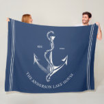 Vintage Navy Blue Nautical Anchor Lake Beach Boat Fleece Blanket<br><div class="desc">Personalised elegant blanket with a nautical theme, featuring a vintage anchor and your family name and est. date of choice on a solid navy blue background. Perfect for a lake house, beach house or a boat. Fully customisable colours and text. Makes the perfect elegant lake house or boat housewarming gift...</div>