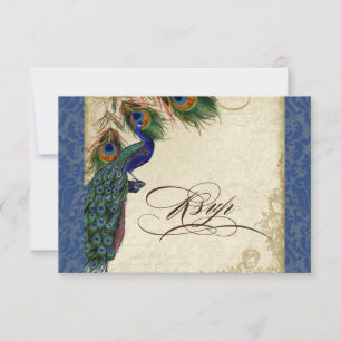 Vintage Navy Blue Peacock Feathers Elegant RSVP Card