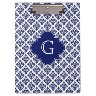 Vintage Navy Blue White Damask #3 Navy Monogram Clipboard