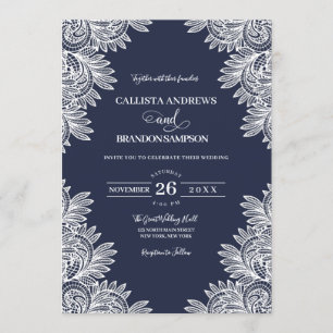 Vintage Navy Blue White Lace Country Wedding Invitation
