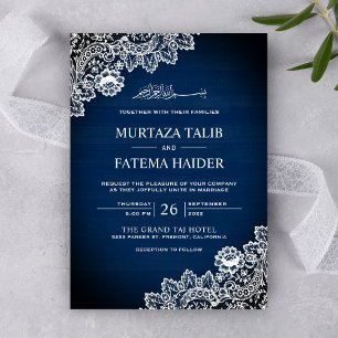 Vintage Navy Blue Wood Lace Islamic Muslim Wedding Invitation