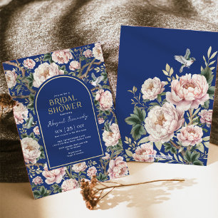 Vintage Navy Blush Chinoiserie Peony Bridal Shower Invitation