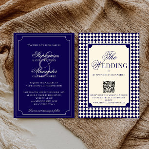 Vintage Navy Checkered Old Money QR Code Wedding Invitation