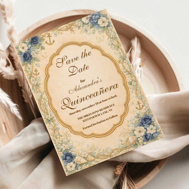 Vintage Navy Coastal Quinceañera Save The Date (Creator Uploaded)