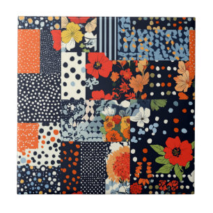 Vintage Navy Coral Floral Patchwork Quilt Ceramic Tile