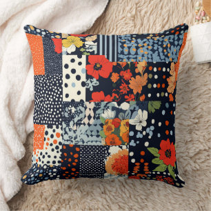 Vintage Navy Coral Floral Patchwork Quilt Cushion