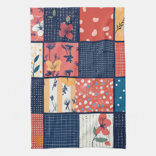 Vintage Navy Coral Floral Patchwork Quilt Tea Towel