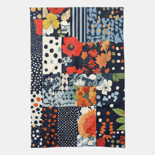 Vintage Navy Coral Floral Patchwork Quilt Tea Towel