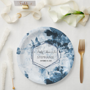 Vintage Navy Floral Elegant Botanical Baby Shower Paper Plate