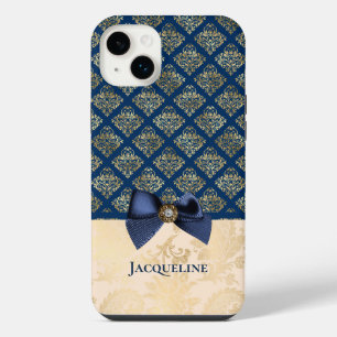 Vintage Navy Gold Damask Look with Bow and Name iPhone 14 Plus Case