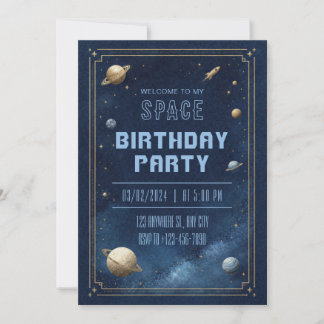 Vintage Navy Gold Stippled Planet Border Birthday Invitation