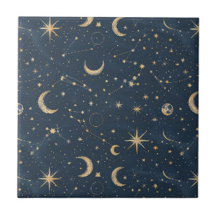 Vintage Navy Ivory Astrology Moon Constellation Ceramic Tile
