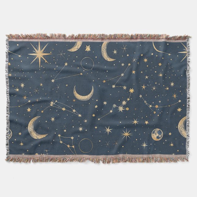 Vintage Navy Ivory Astrology Moon Constellation Throw Blanket (Front)