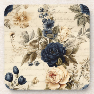 Vintage Navy & Ivory Flowers Wedding Coaster