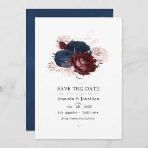 Vintage Navy, Maroon and Rose Gold Floral Wedding Save The Date