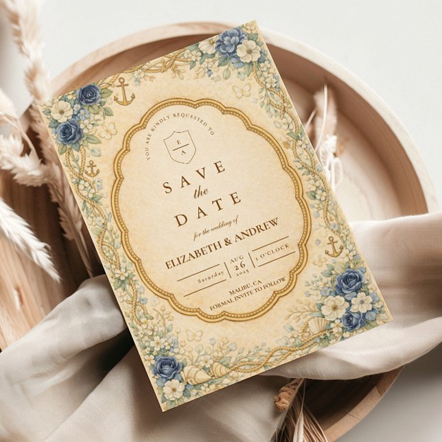 Vintage Navy Nautical Garden Wedding Save The Date (Creator Uploaded)