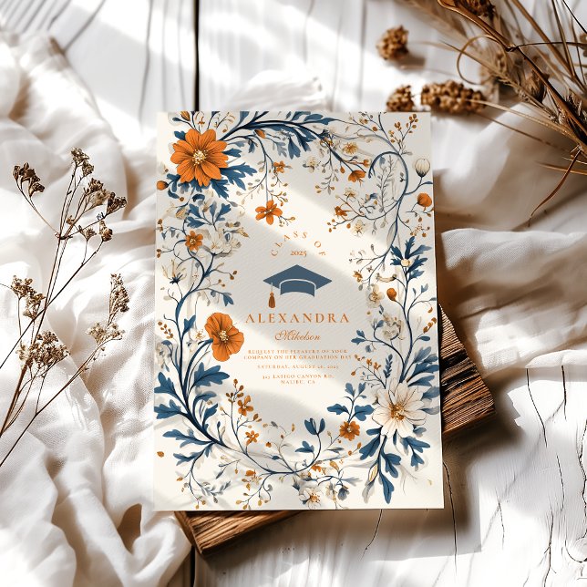 Vintage Navy Orange Floral Graduation Invitation (Creator Uploaded)