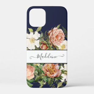 Vintage Navy Pink n White Floral w Pretty Flowers iPhone 12 Mini Case
