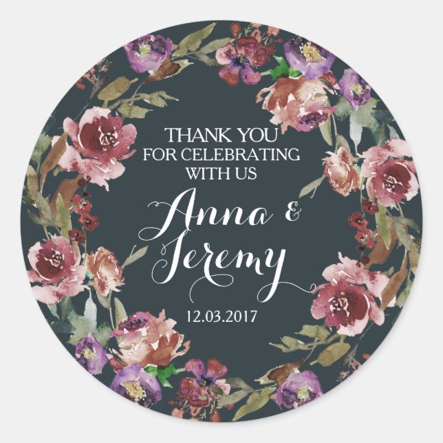 Vintage Navy Purple Floral Wreath Wedding Sticker (Front)