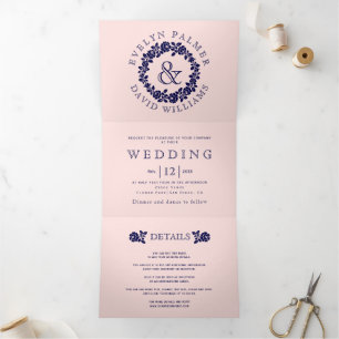 Vintage navy rose wreath blush pink wedding Tri-Fold invitation