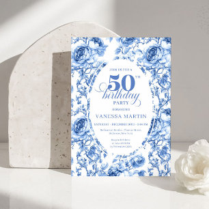 Vintage Navy Toile de Jouy Roses 50th Birthday  Invitation