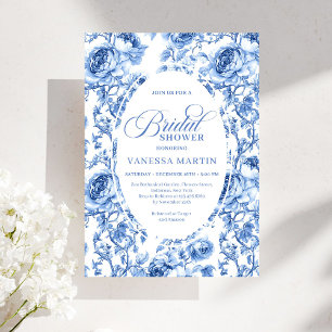 Vintage Navy Toile de Jouy Roses Bridal Shower  Invitation