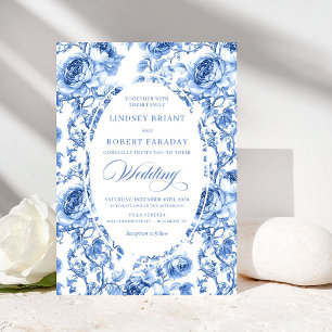 Vintage Navy Toile de Jouy Roses Romantic Wedding  Invitation
