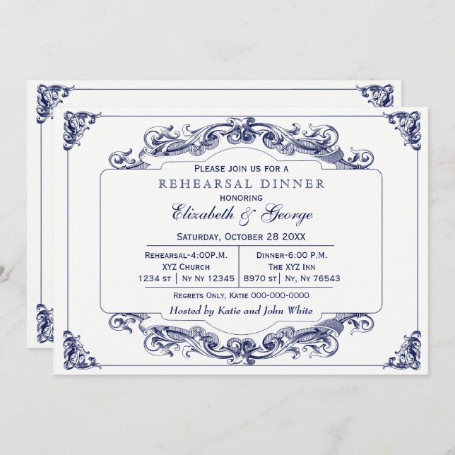 Vintage Navy White Elegant Rehearsal Dinner Invitation (Front/Back)