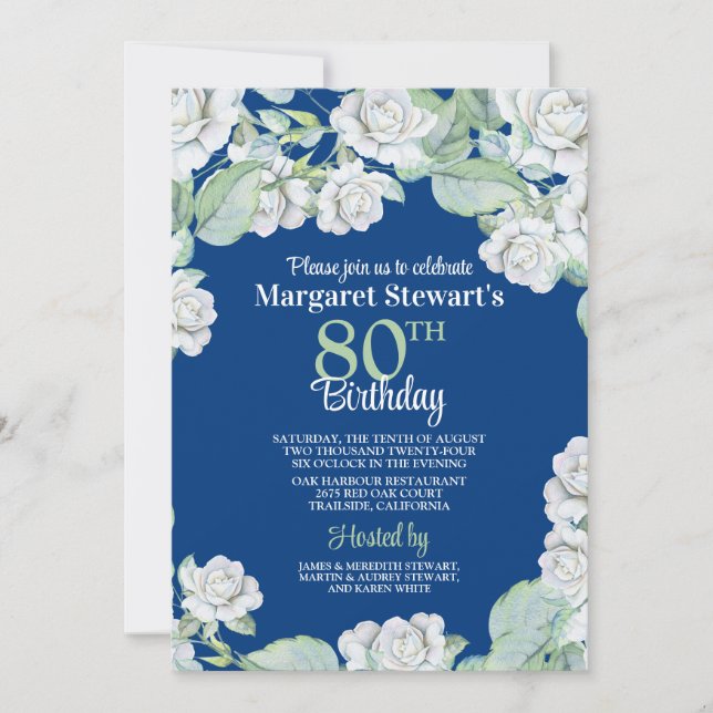 Vintage Navy White Roses 80th Birthday Invitation (Front)