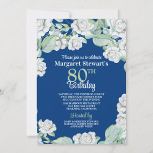 Vintage Navy White Roses 80th Birthday Invitation