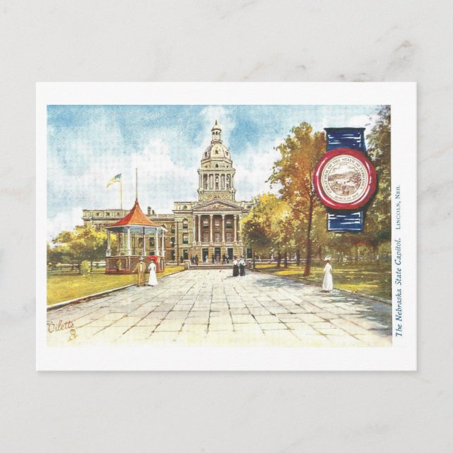 Vintage Nebraska Capitol with Seal Postcard (Front)