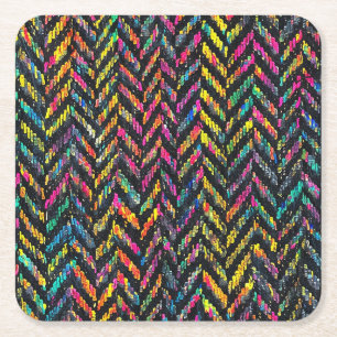 Vintage neon herringbone square paper coaster