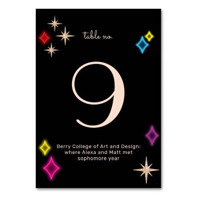 Vintage Neon Stars and Diamonds Wedding Table Number (Front)