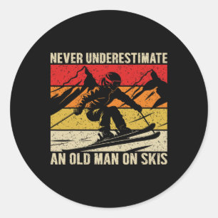 Vintage Never Underestimate An Old Man On Skis Fun Classic Round Sticker