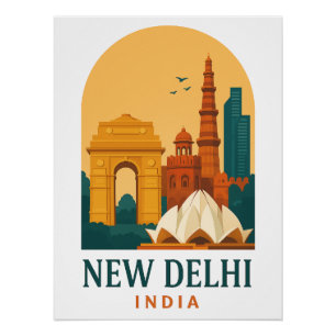 Vintage New Delhi India Retro Travel Poster 