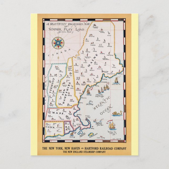 Vintage New England Map Summer Travel Postcard (Front)