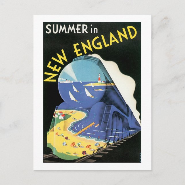 Vintage New England Train Advertisement Postcard (Front)