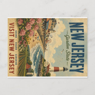 Vintage New Jersey Garden State Travel Poster with Holiday Postcard