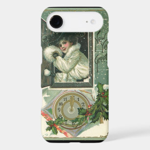 Vintage New Year Greetings, Victorian Girl Window