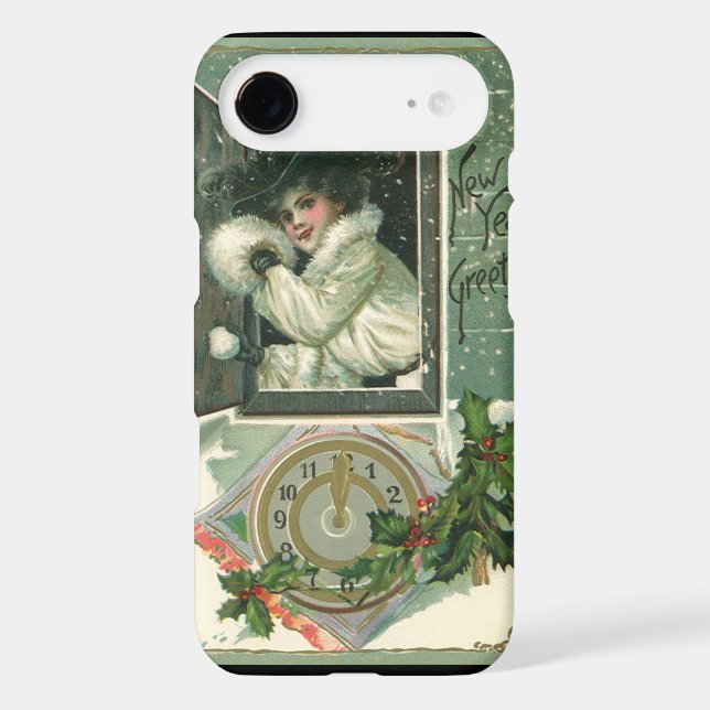 Vintage New Year Greetings, Victorian Girl Window (Back)