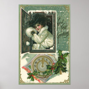 Vintage New Year Greetings, Victorian Girl Window Poster